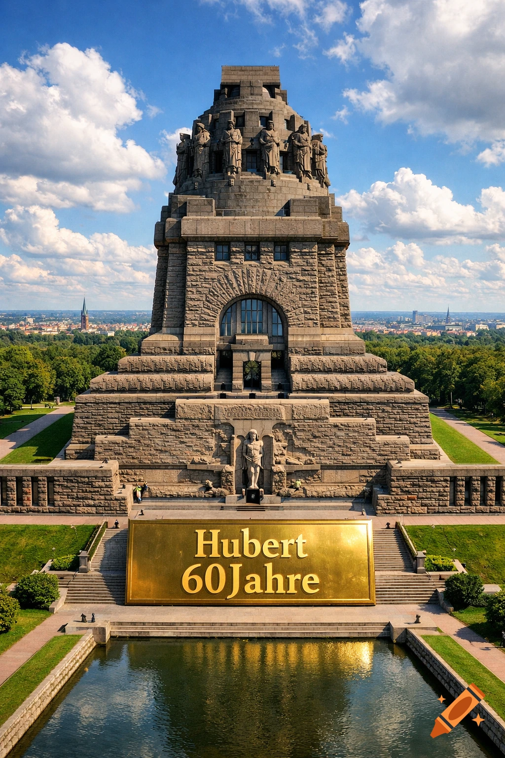 A grand stone monument with a golden sign reading "Hubert 60Jahre" at its base, under a clear sky.