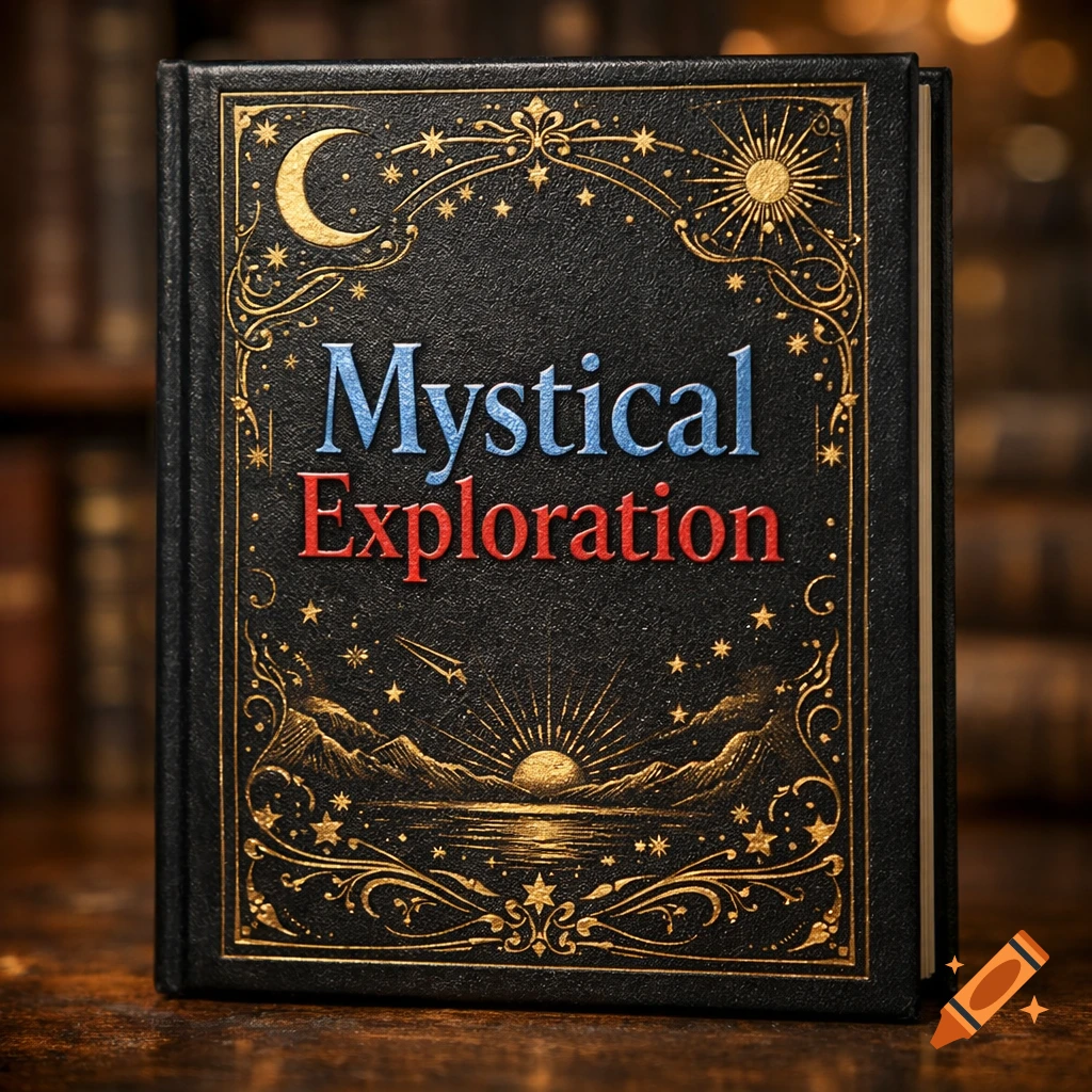 A close-up of a black book cover with ornate gold celestial designs of a sun and moon, and the title "Mystical Exploration" in blue and red text.