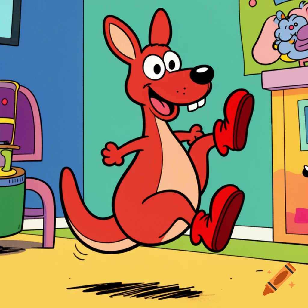 A goofy, red cartoon kangaroo with big eyes and red shoes, bouncing playfully in a vibrant 2D cartoon style.