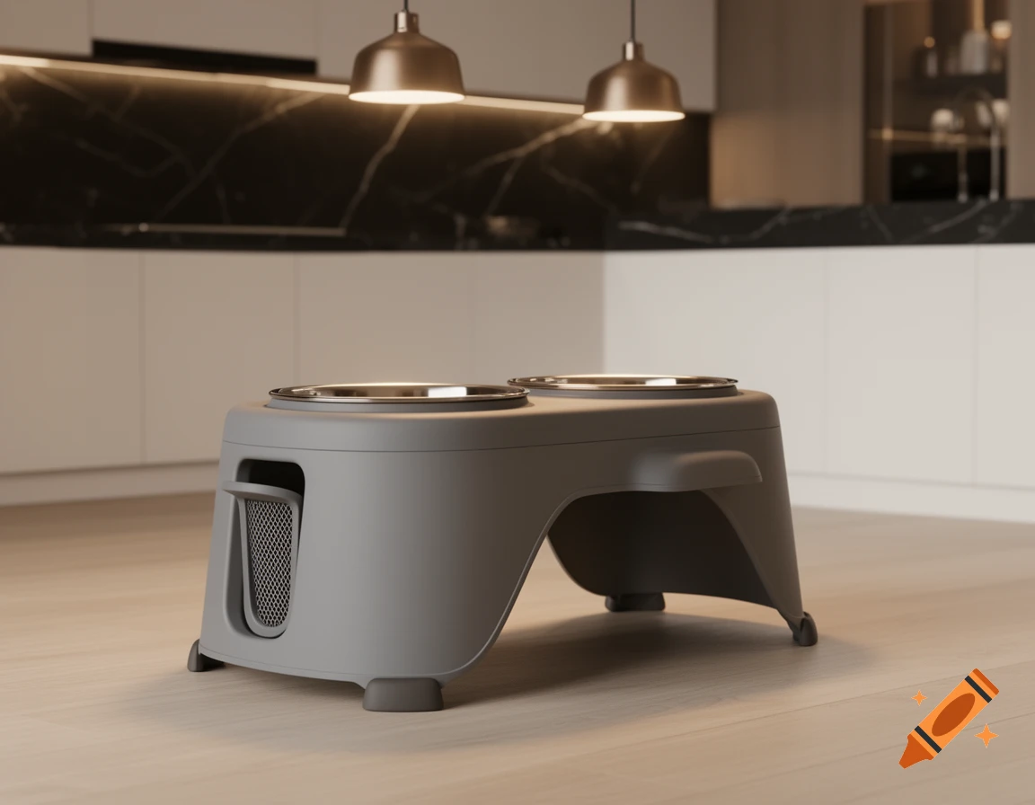 A modern gray pet feeder with two stainless steel bowls sits on a light wooden floor in a minimalist kitchen.