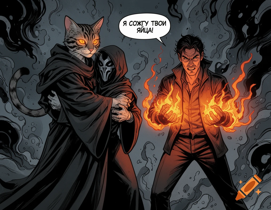 A man with fiery hands threatens a hooded cultist held by a humanoid cat in a comic book style.