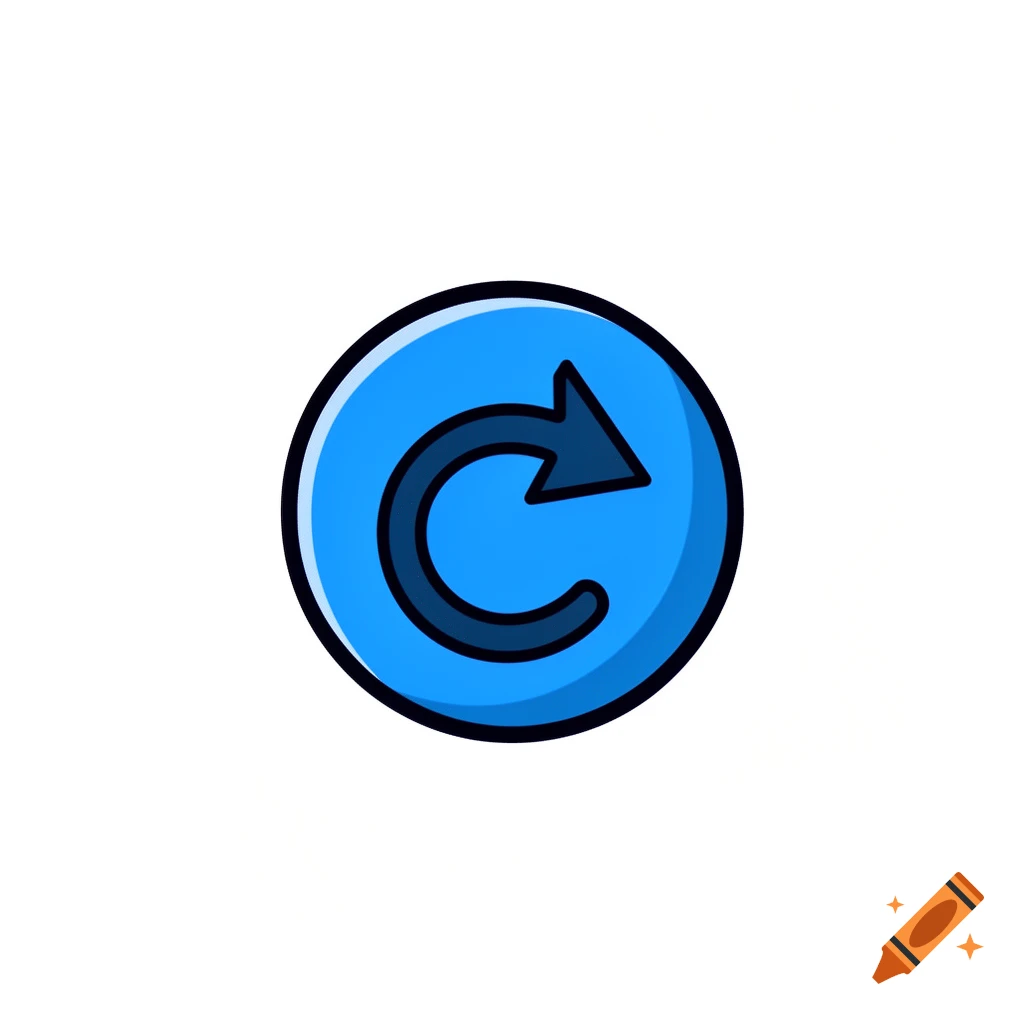 A cartoon blue circular button with a black curved arrow pointing right.