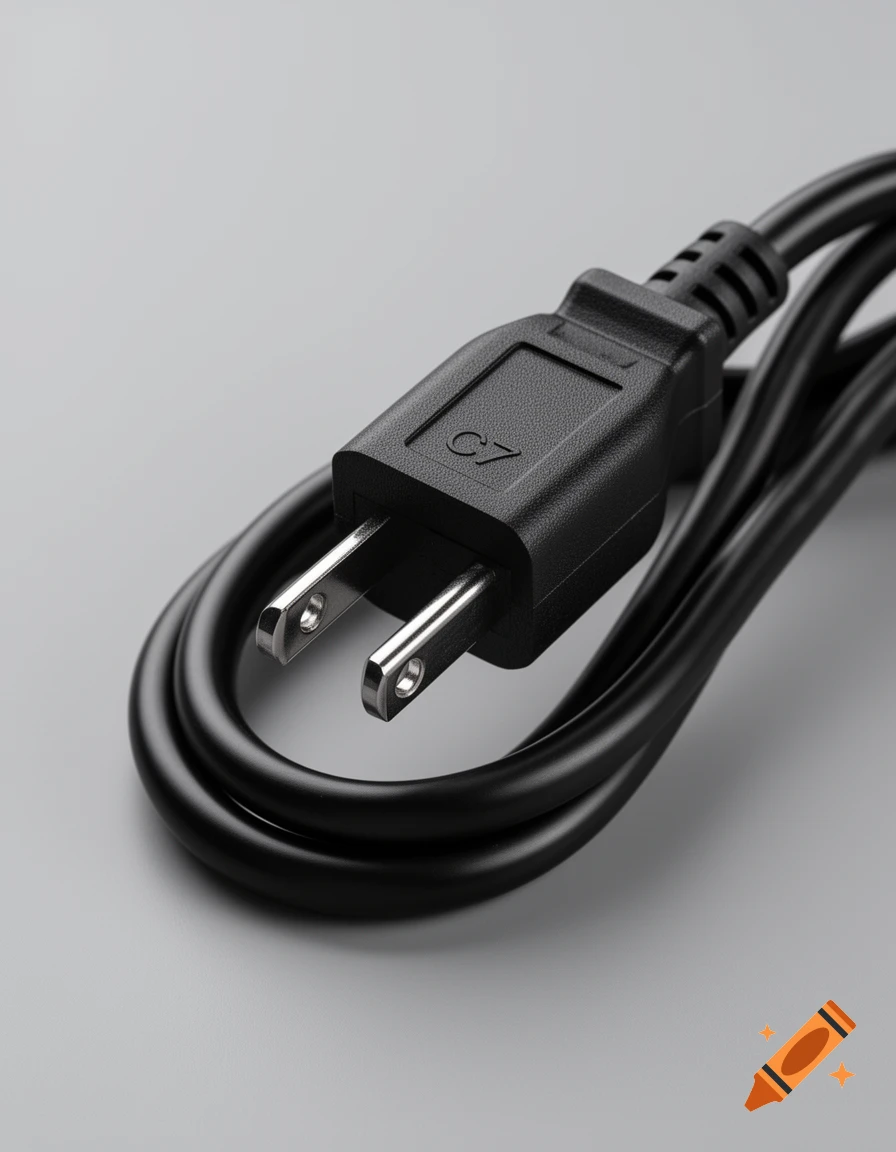 A close-up shot of a black C7 polarized power connector with its cord coiled on a grey background.
