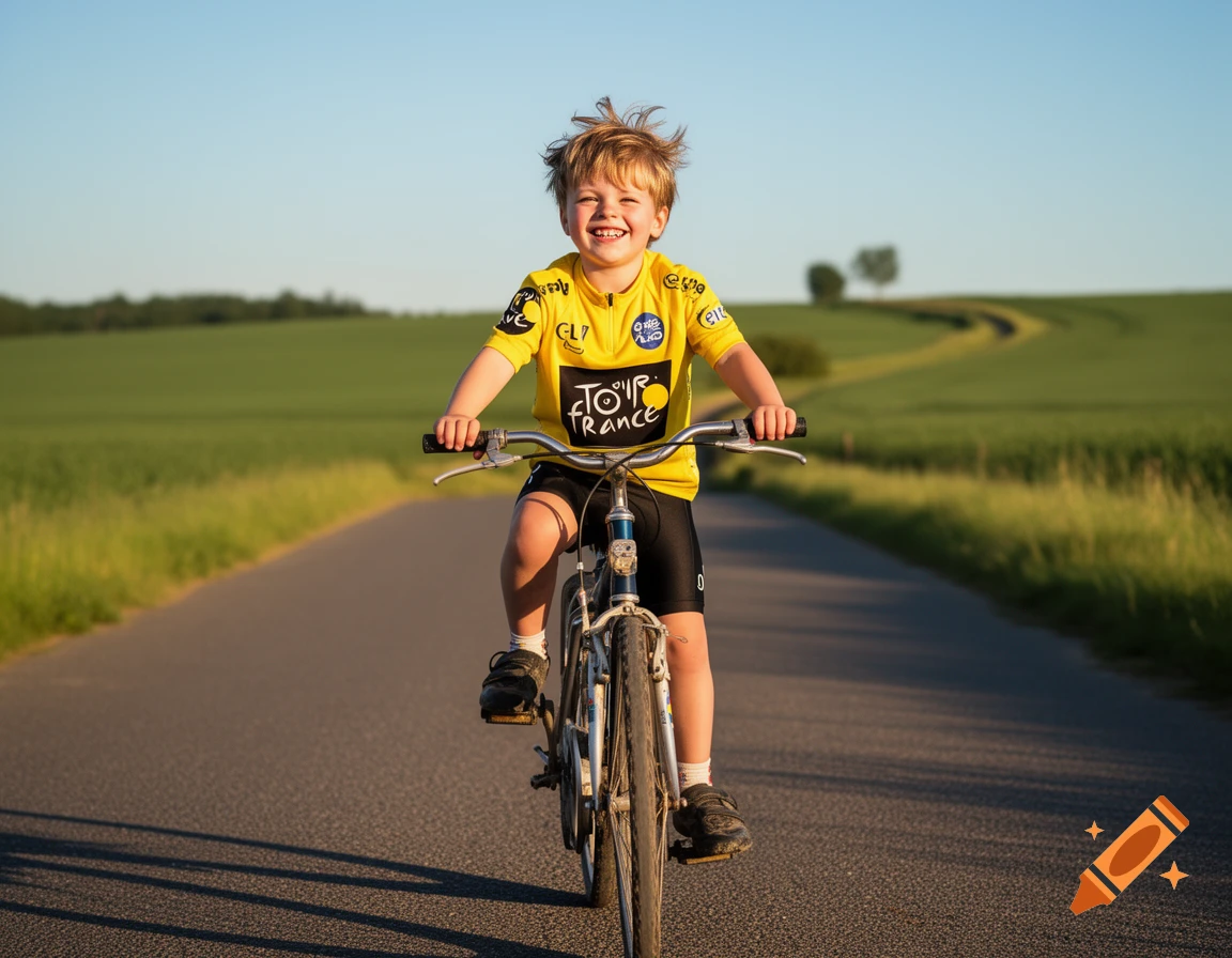 A smiling boy in a yellow Tour de France jersey rides a bicycle down a sunny country road.