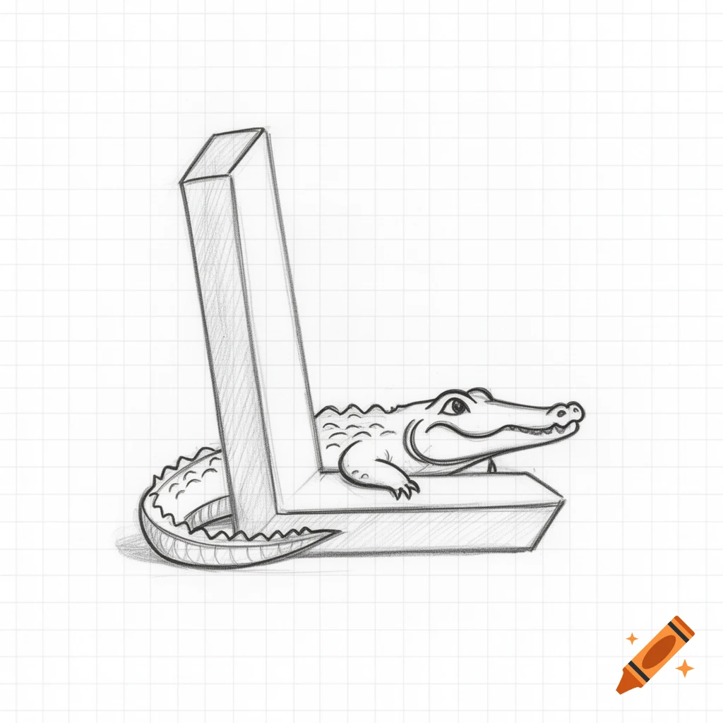 Pencil drawing of a stylized crocodile resting on a 3D letter L, on white grid paper.