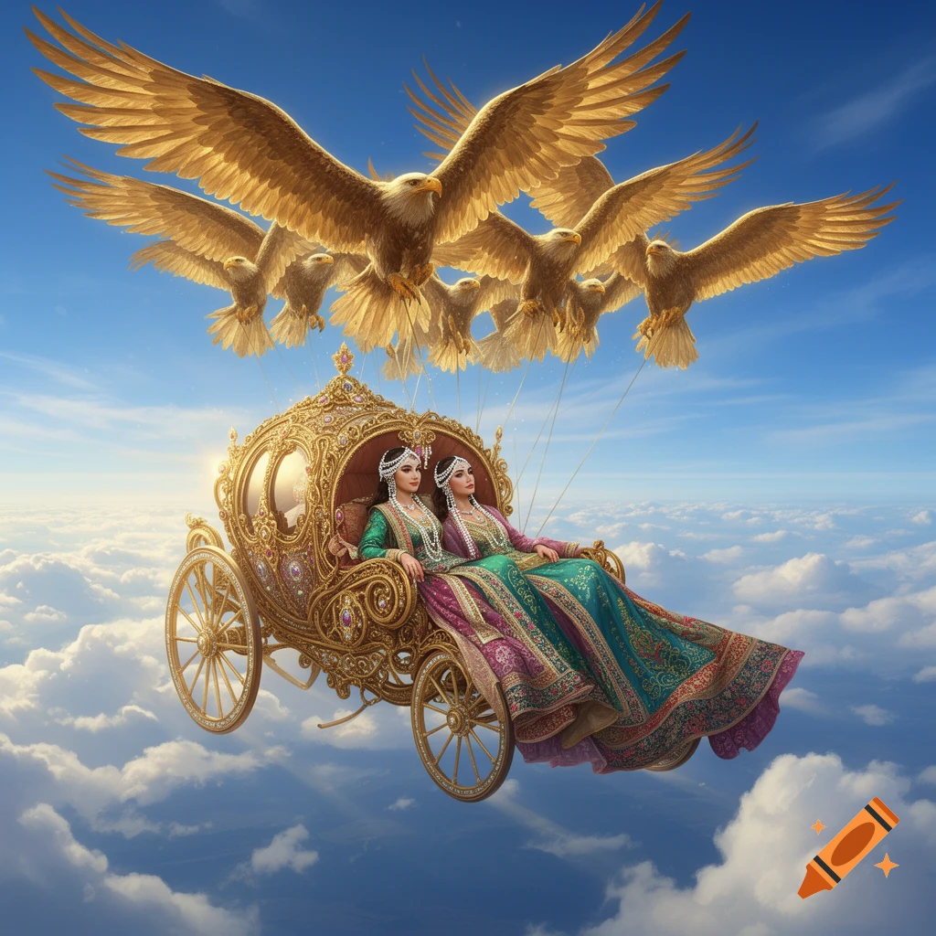 Ornate flying royal carriage with two princesses, carried by eight golden eagles through a blue sky with clouds.