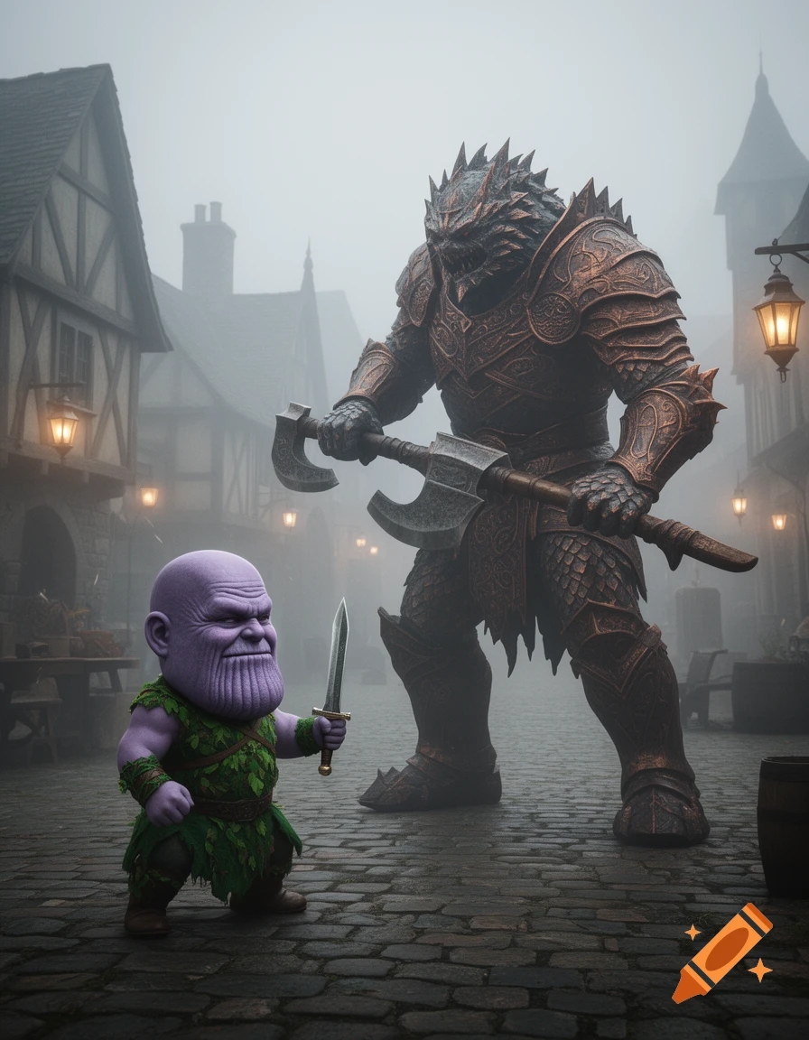A small, purple, Thanos-headed gnome in leaf attire with a dagger confronts a large, armored, reptilian warrior with a double axe in a foggy medieval town.