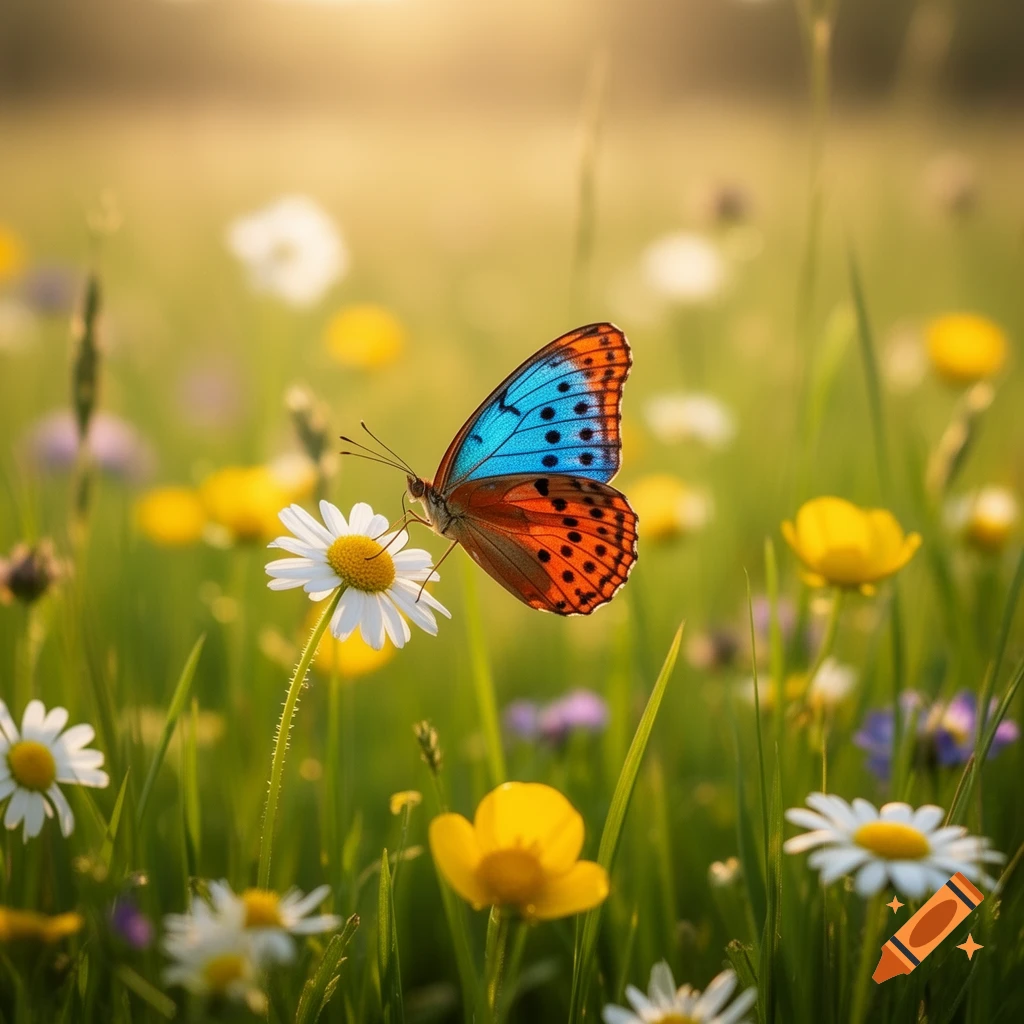 A vibrant blue and orange butterfly with spotted wings rests on a white daisy in a sunlit field of wildflowers, photorealistic.