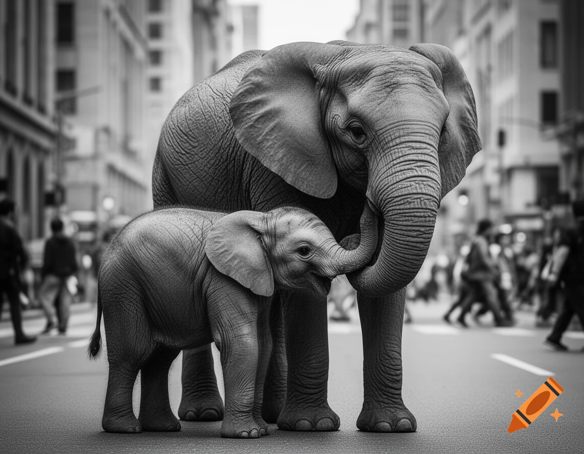 A black and white photorealistic image of a baby elephant touching its mother's trunk on a bustling city street.
