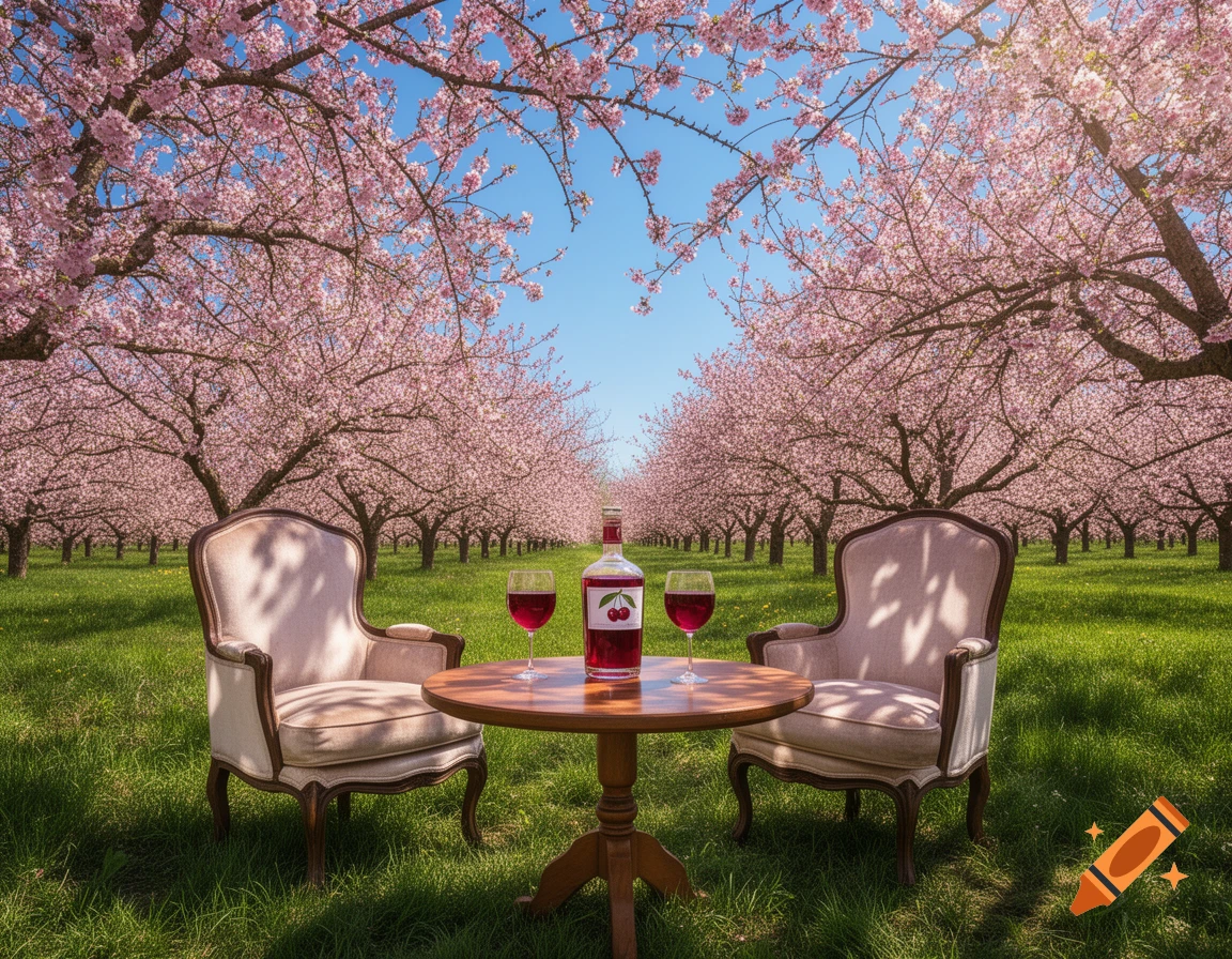 Photorealistic image of a romantic picnic setup in a cherry blossom orchard, featuring a small table, two armchairs, a bottle of cherry liqueur, and two wine glasses on a grassy lawn.