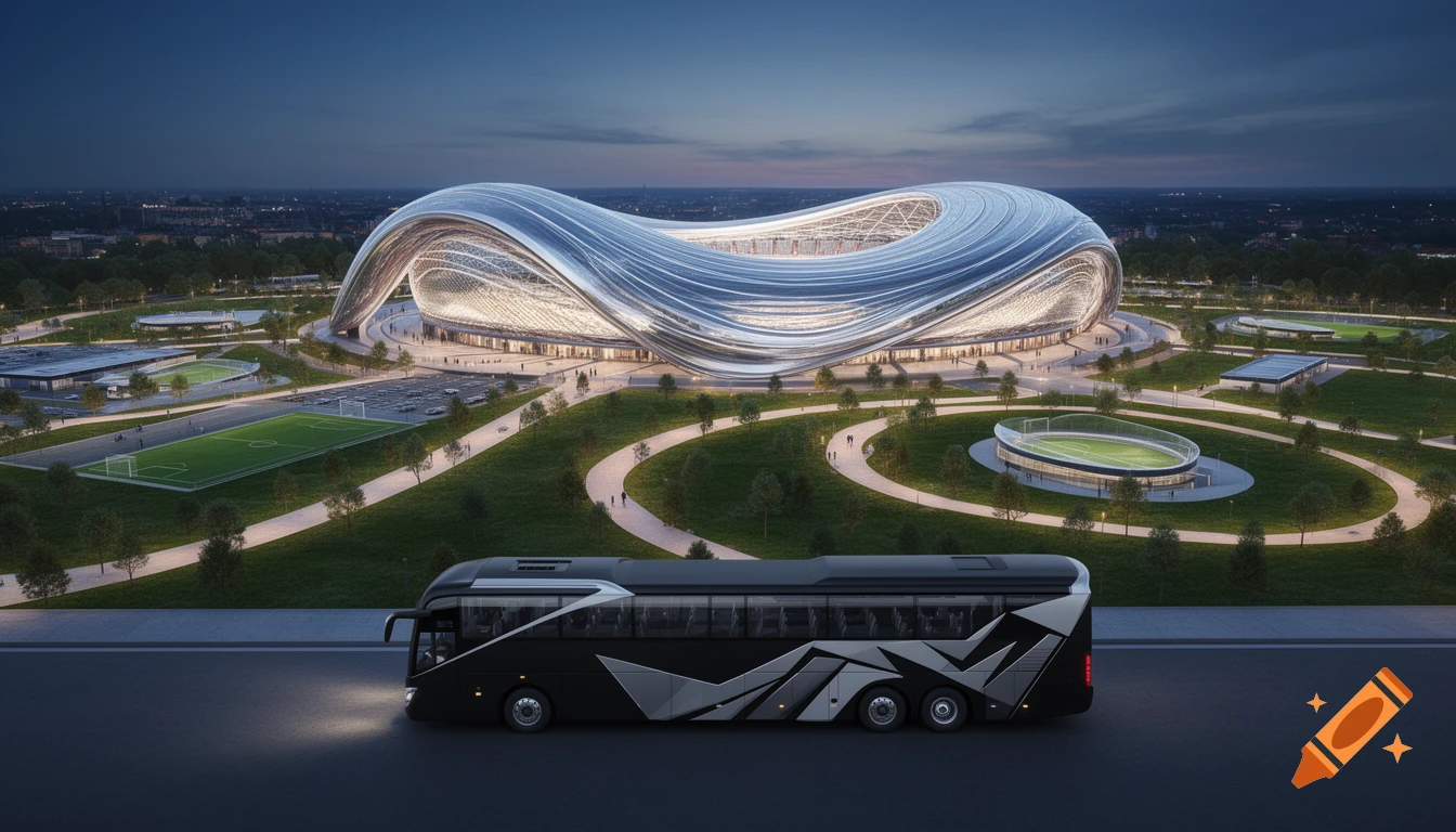 Photorealistic rendering of a futuristic, wave-like stadium and surrounding sports complex at dusk, with a sleek black bus on the road.