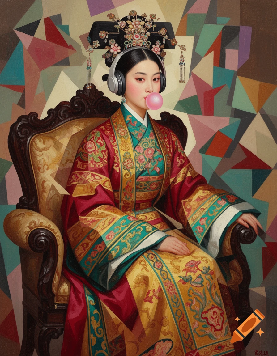Oil painting portrait of a Chinese empress in traditional robes, wearing headphones, blowing a pink bubblegum bubble against an abstract cubist background.