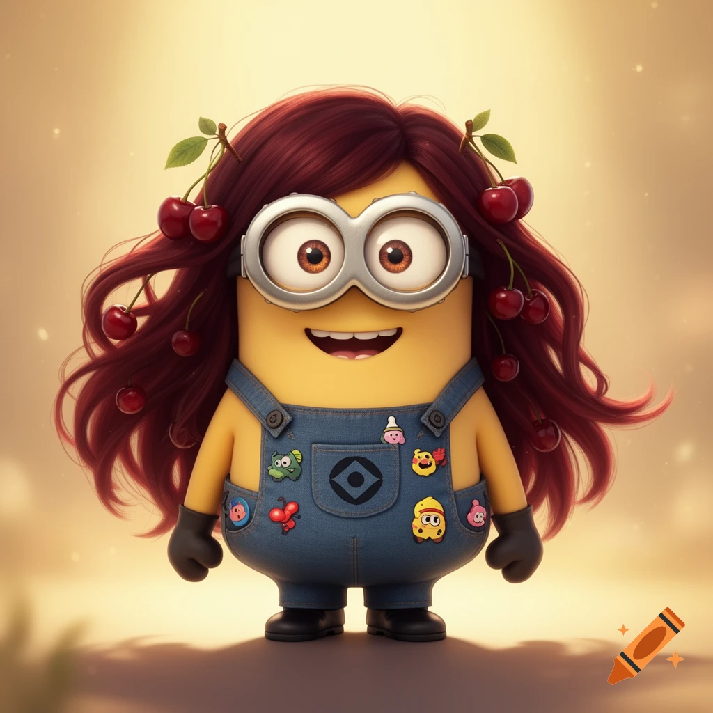 A cute Minion character with long dark red hair adorned with cherries, wearing denim overalls with patches, smiling.