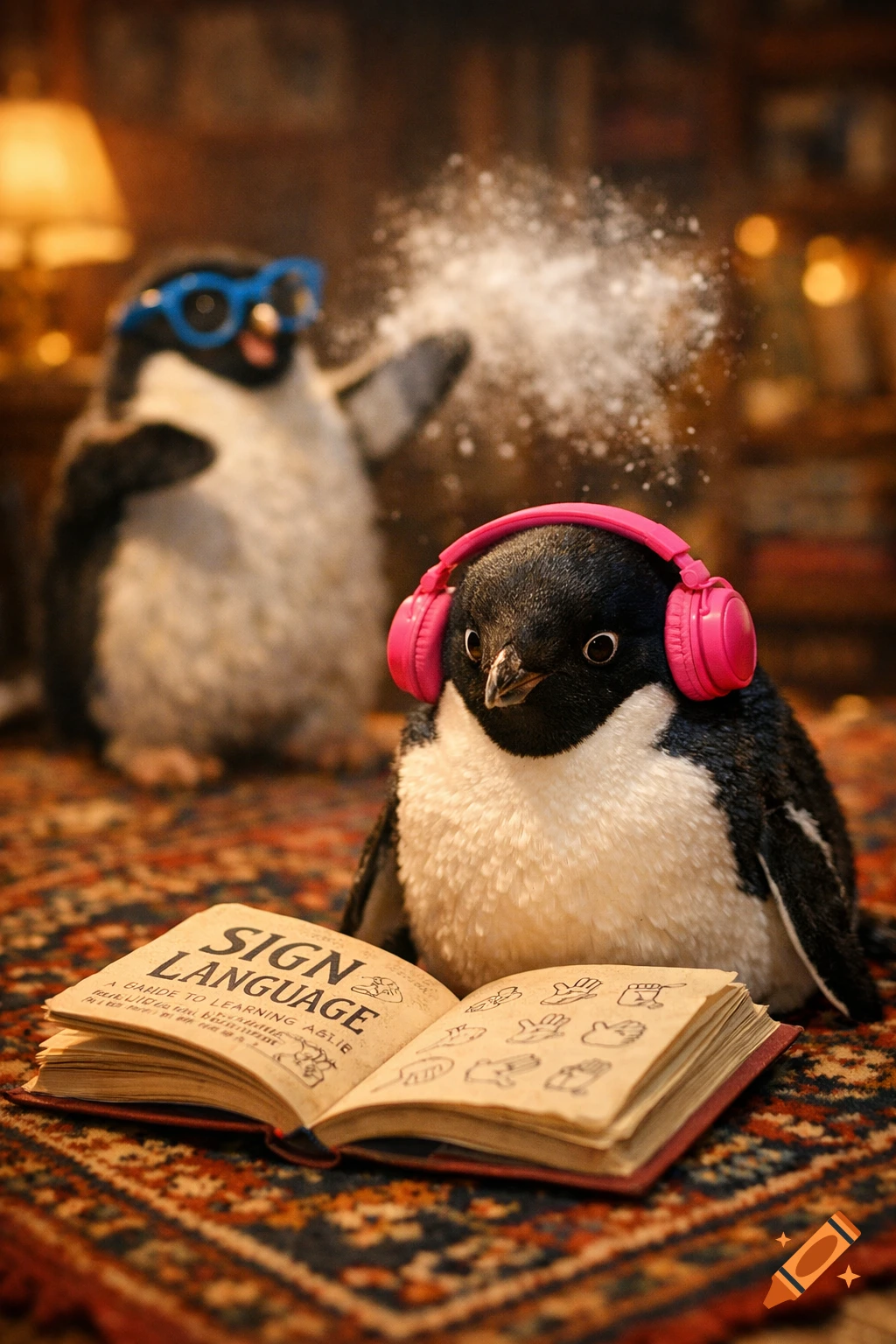 An Adelie penguin in pink headphones reads a sign language book on a carpet; another penguin with blue glasses throws powder behind it.