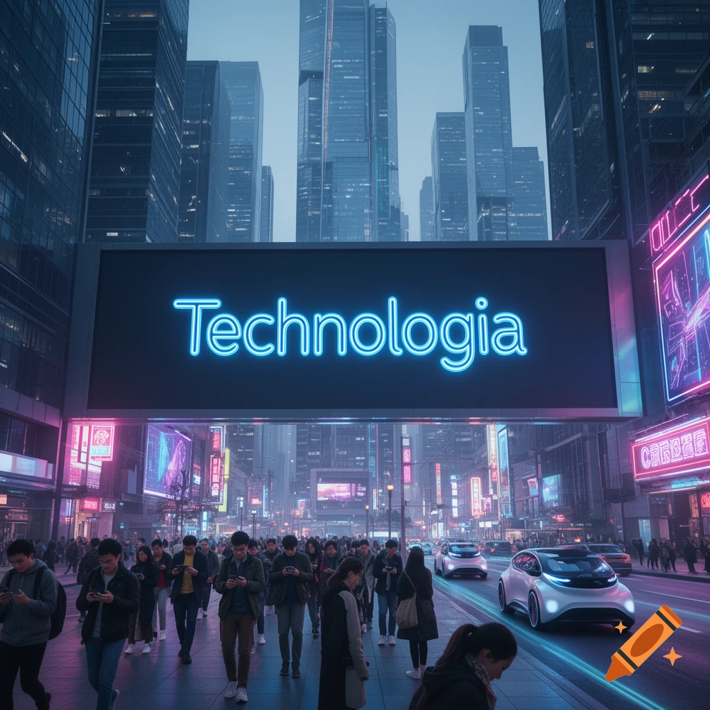 Photorealistic view of a futuristic city street at night with people, self-driving cars, and a large neon sign reading 'Technologia'.
