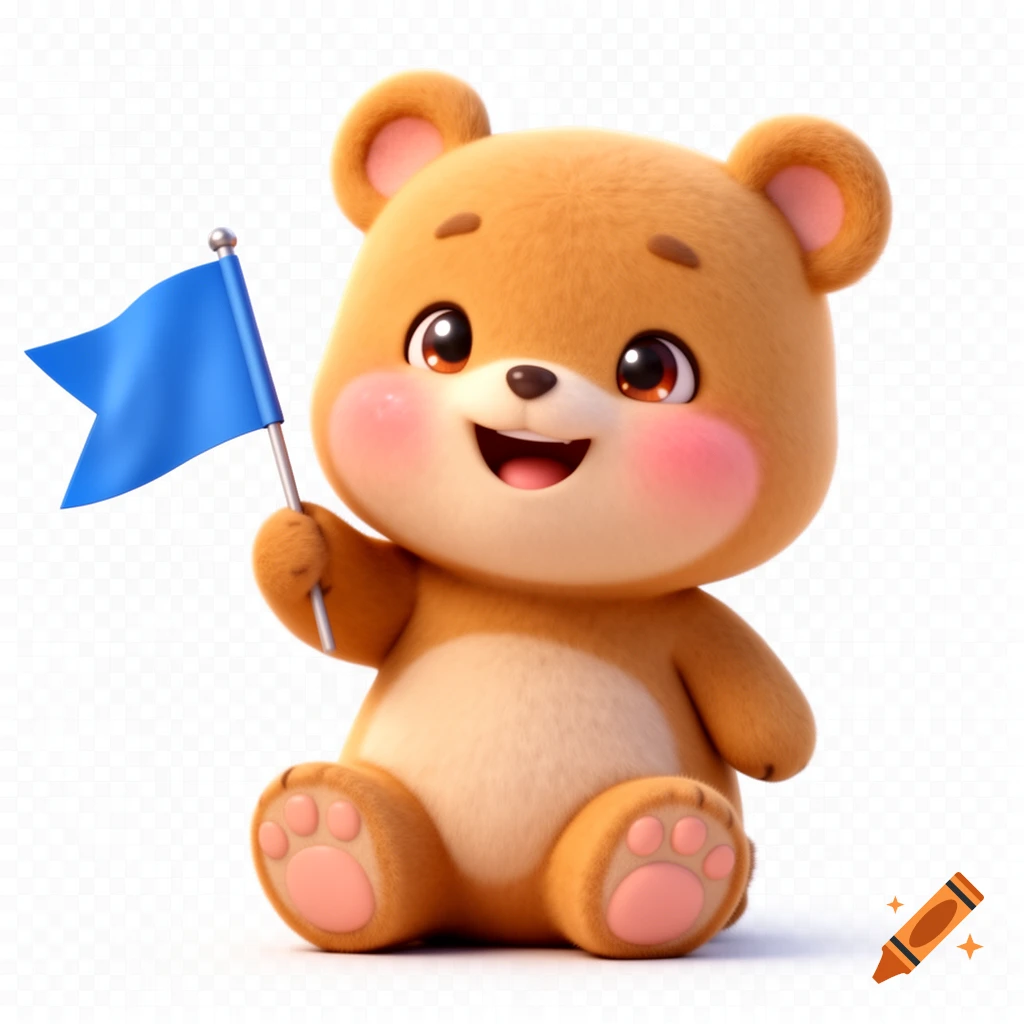 A cute 3D animated chibi bear with rosy cheeks smiles while holding a blue flag.