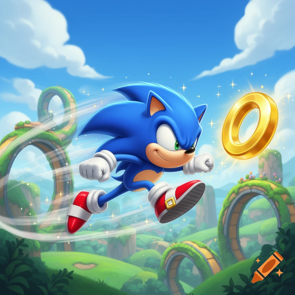 Sonic the Hedgehog speeds through a vibrant Green Hill Zone-like landscape, leaping towards a golden ring.