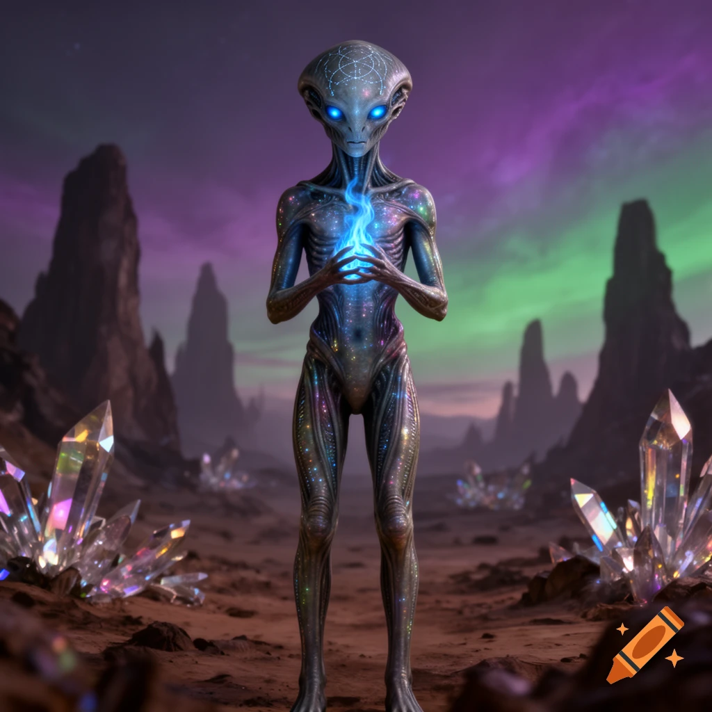 A grey alien with glowing blue eyes and patterns on its head, holding a blue flame to its chest, stands on a rocky alien planet with large glowing crystals and a purple and green sky.