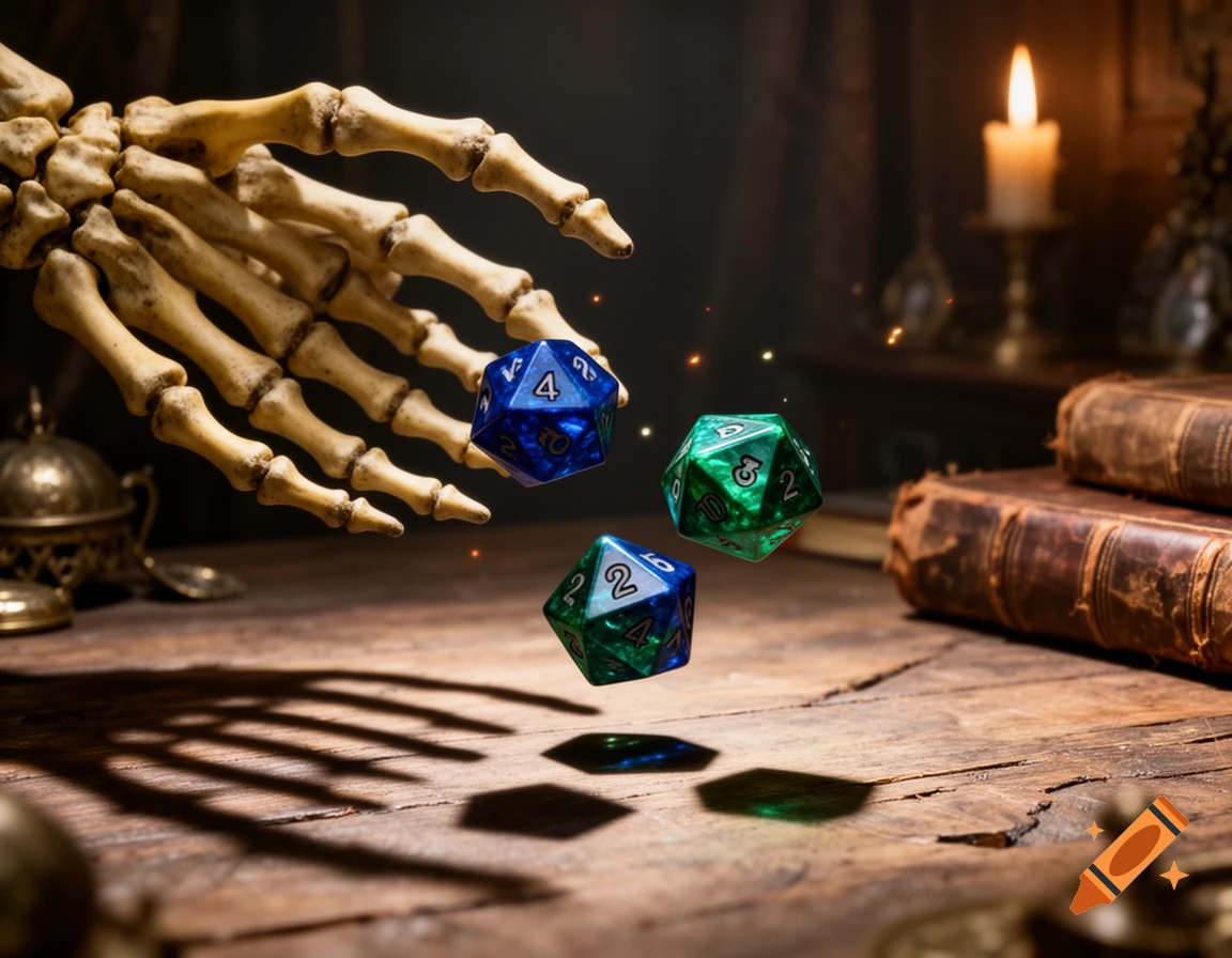 A skeletal hand rolls three d20 dice, one blue and two green, onto a rustic wooden table next to old books and a flickering candle in a dark, atmospheric setting.