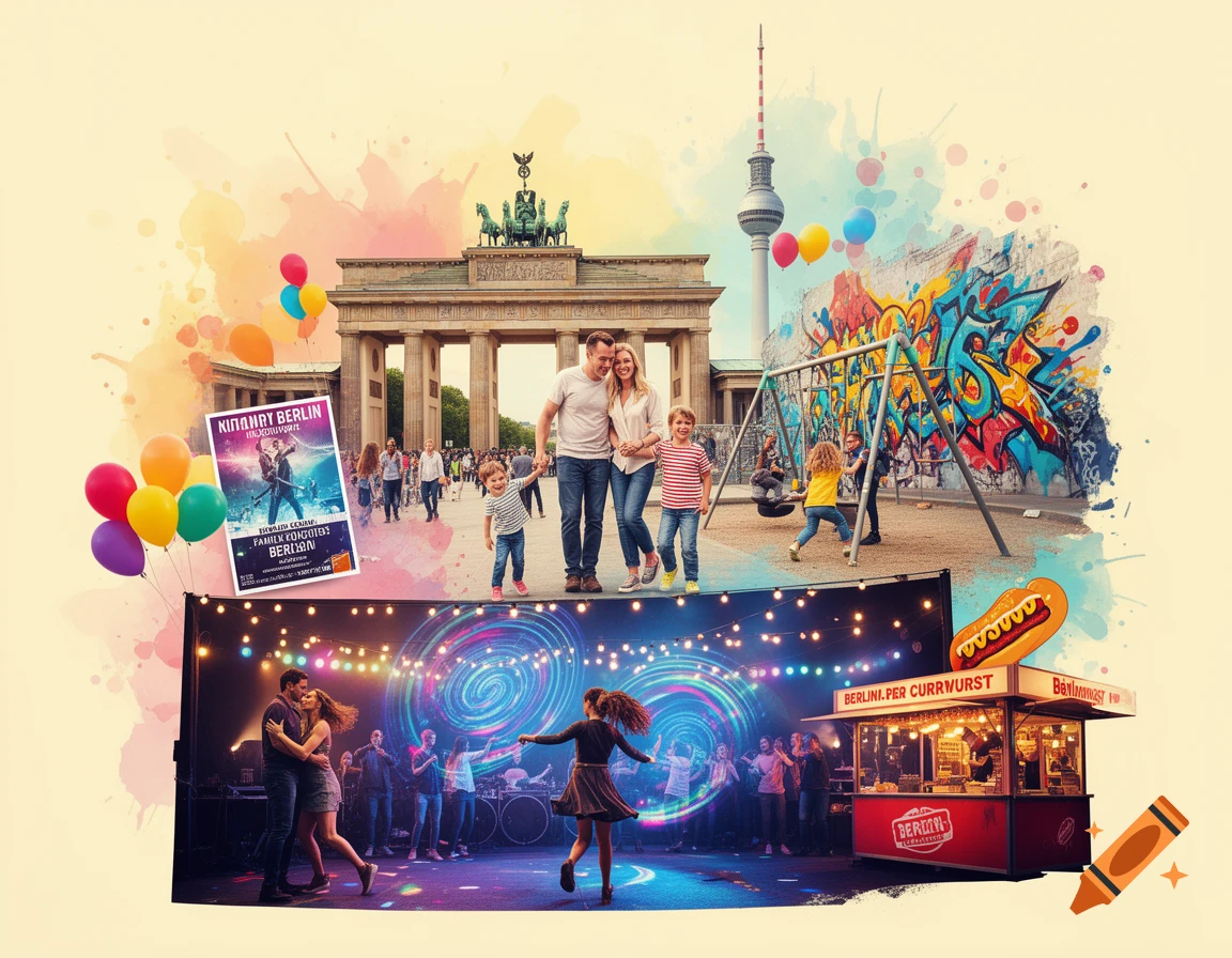 A vibrant collage of Berlin landmarks and activities, featuring a family at the Brandenburg Gate, children playing near a graffiti wall, and a couple dancing at an open-air festival with a currywurst stand, all with watercolor accents.