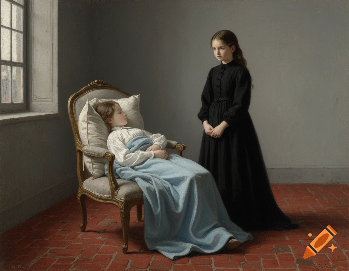 A realistic painting of two girls in an 1880s-style room; one is sick in a chair, the other stands nearby in a black dress.