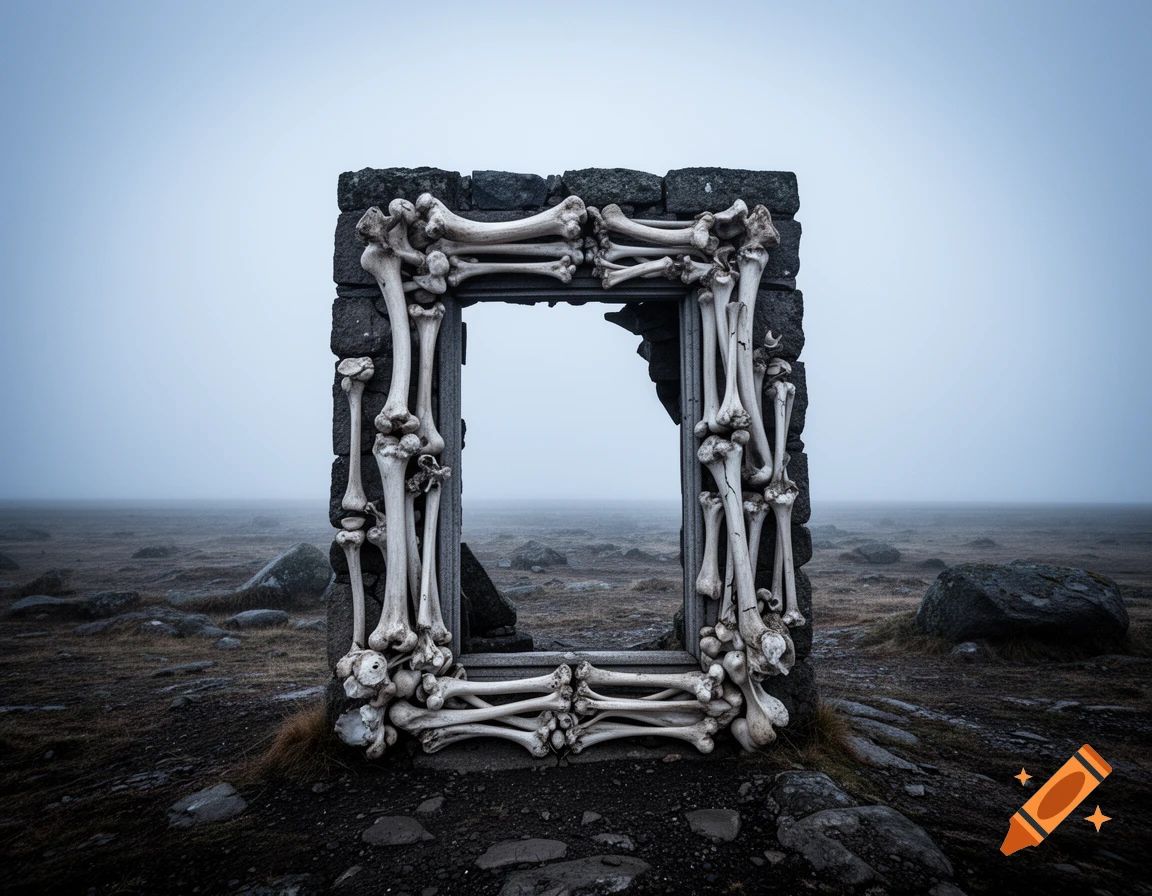 A macabre frame made of bones stands in a foggy, desolate landscape with scattered rocks.