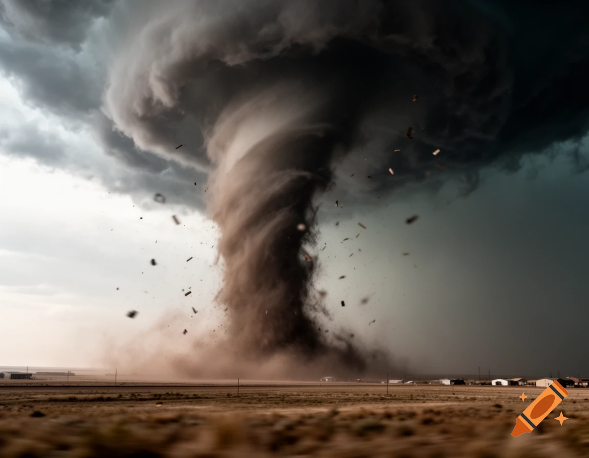 A powerful, photorealistic tornado swirls intensely across a dry, flat field under a dark, cloudy sky with flying debris.