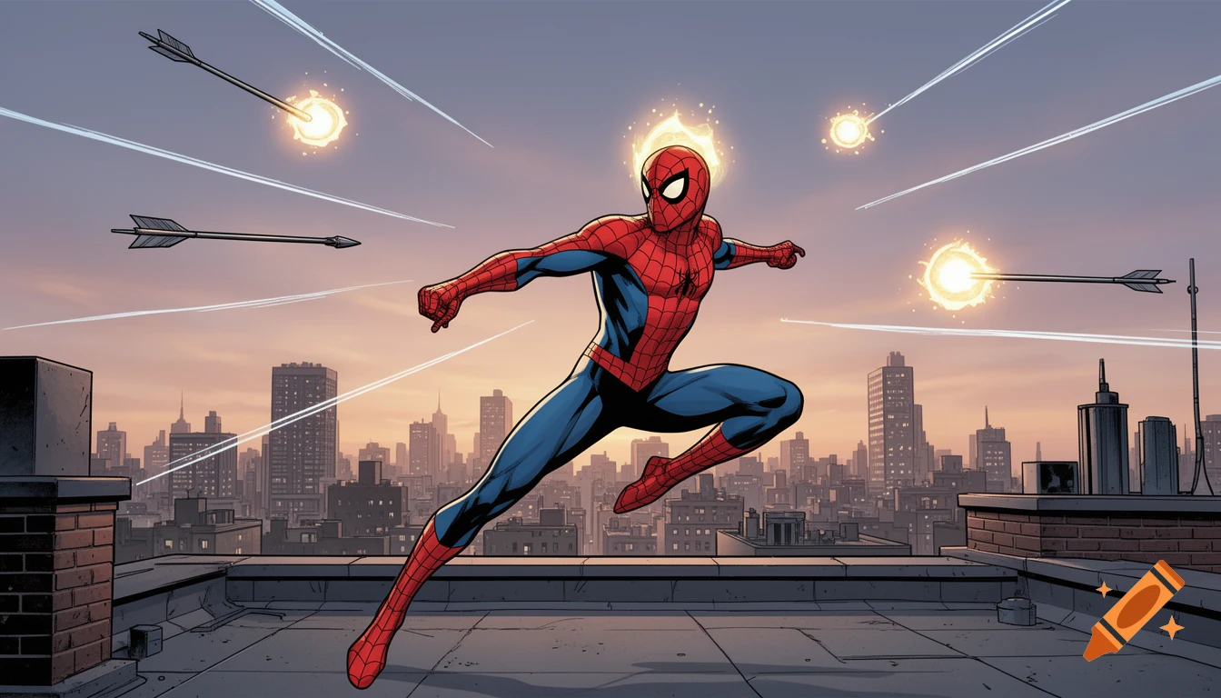 Spider-Man dodges arrows and energy blasts on a city rooftop, with a Spider-Sense glow, in a dynamic comic book style.