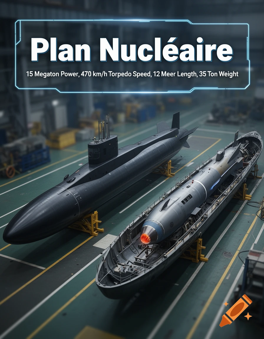 Two large submarines, one intact and one disassembled revealing a nuclear torpedo with a glowing red tip, in a factory setting. Text overlay reads "Plan Nucléaire" and specifications.