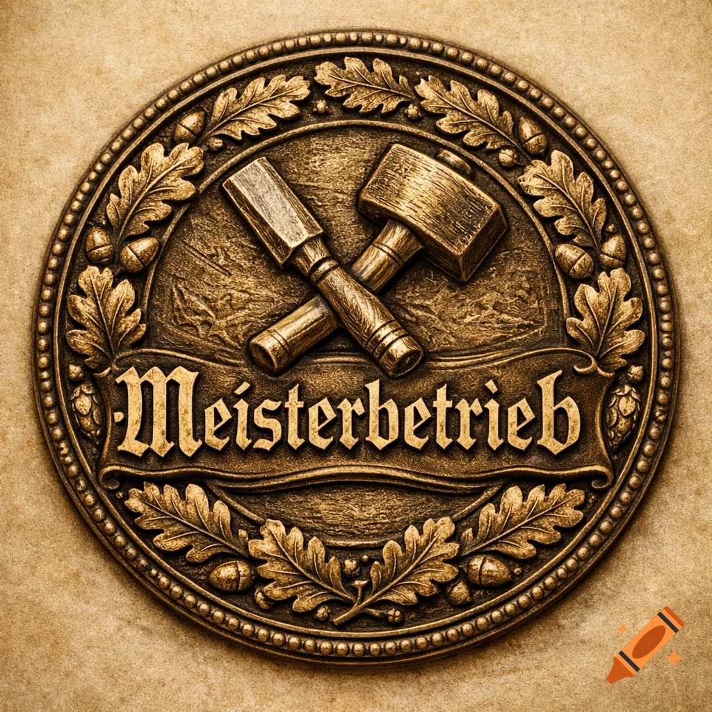 Photorealistic medieval bronze seal with crossed carpenter tools, oak leaves, and 'Meisterbetrieb' text.