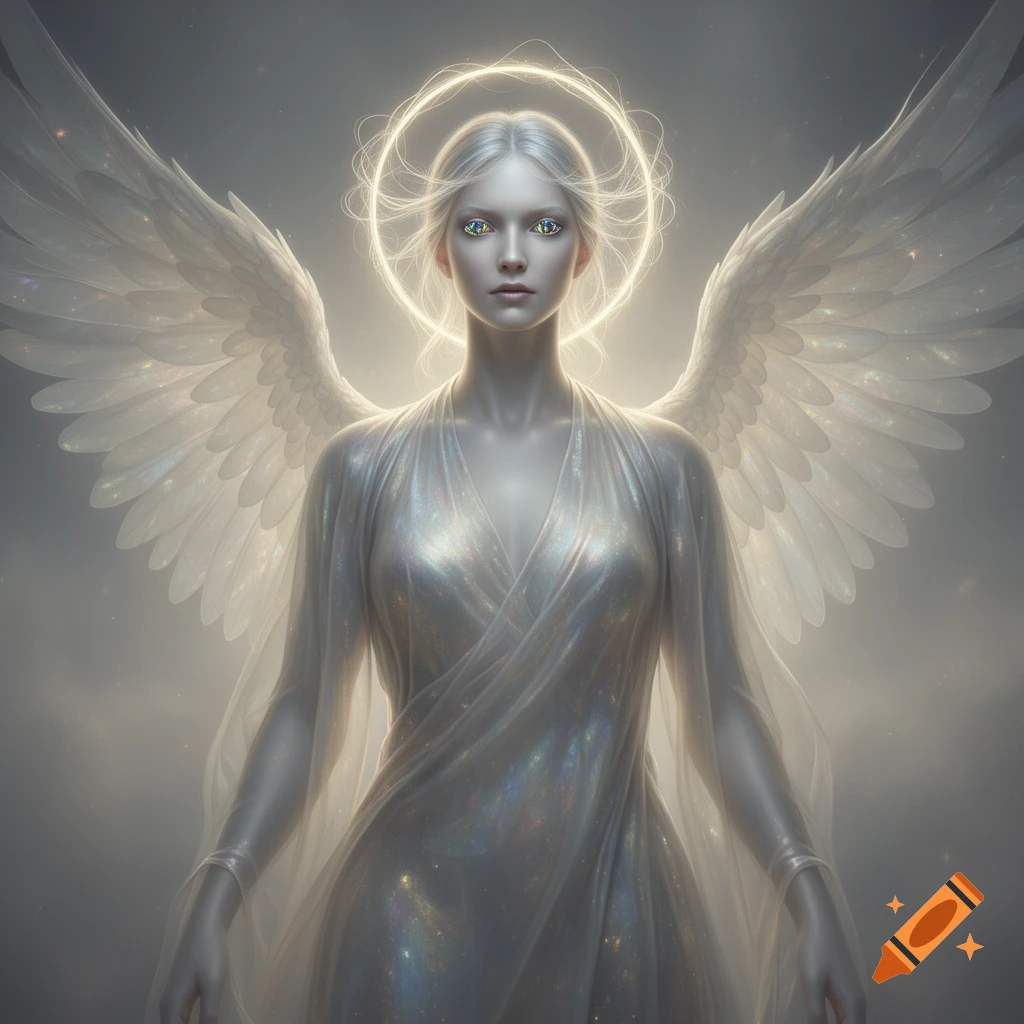 A serene, ethereal angelic figure with white hair, luminous gold eyes, large white wings, and a halo, wearing a shimmering white gown against a soft, light background.