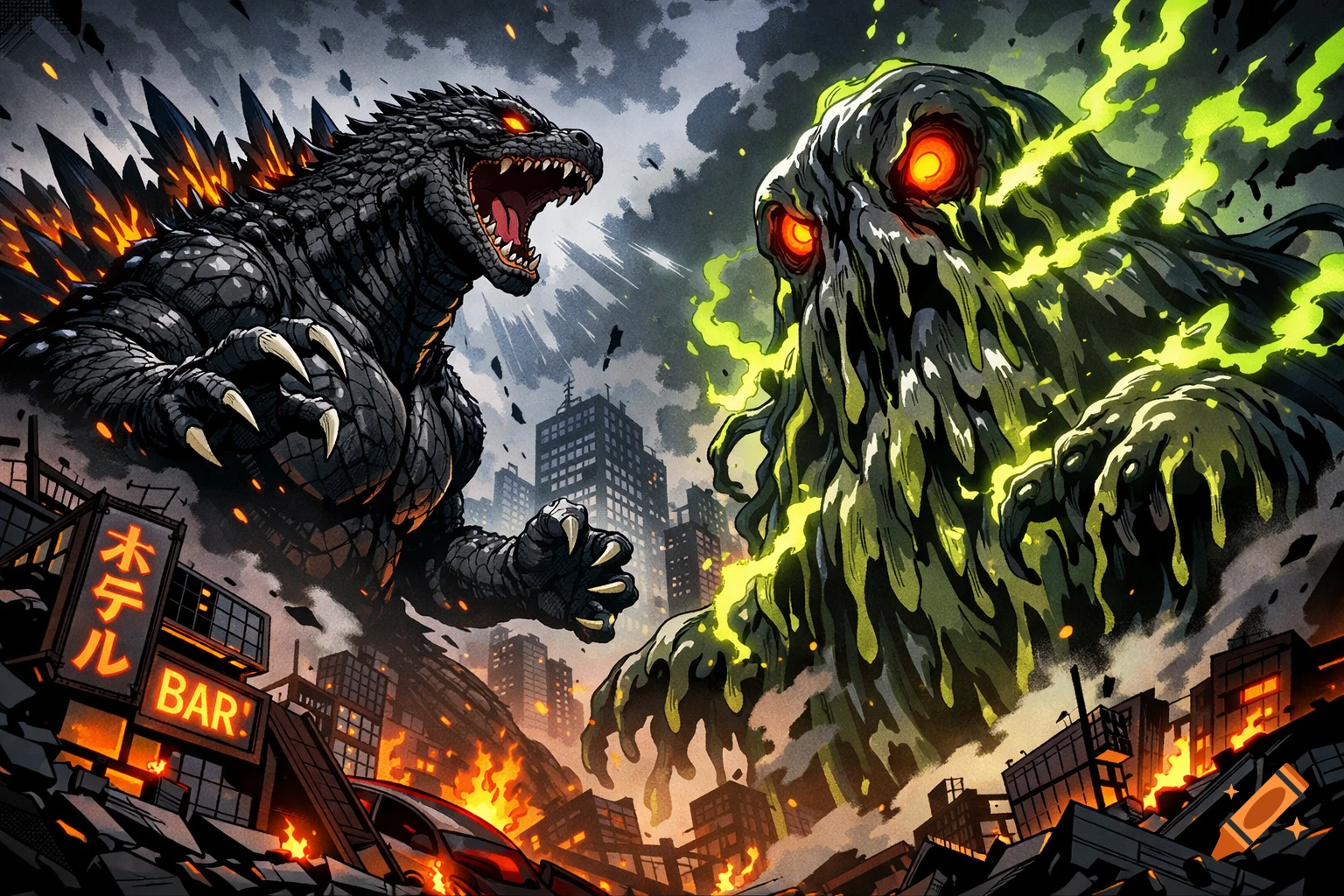 Godzilla roars at a green, slimy monster in a burning, destroyed city, depicted in a dramatic comic book style.