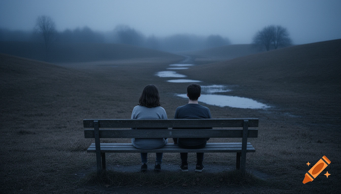 Two people sit on a park bench, backs to the viewer, looking at a hazy, foggy landscape with puddles under a muted blue sky, photorealistic style.