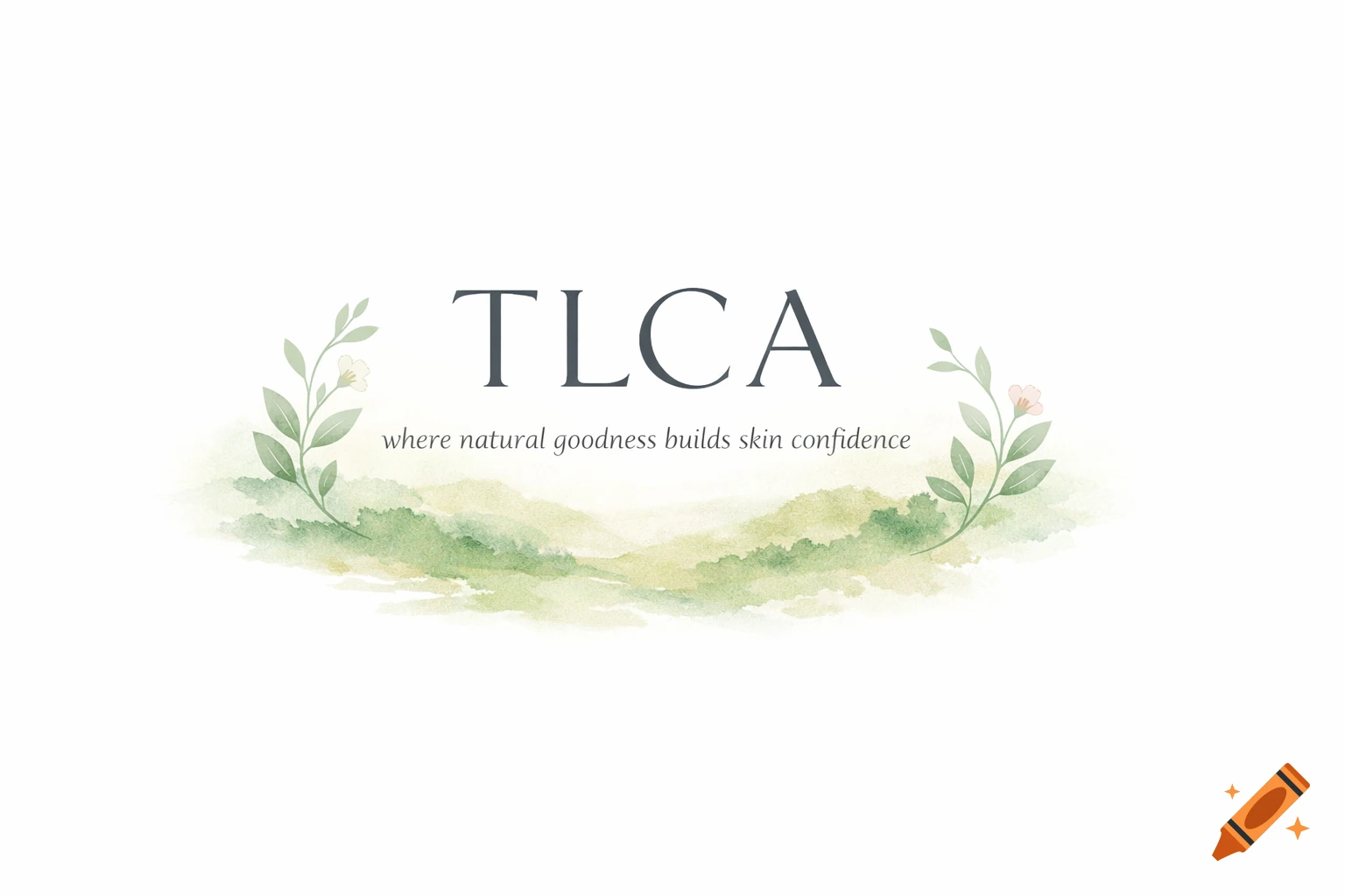 Watercolor logo for TLCA skincare brand with 'where natural goodness builds skin confidence', framed by green leaves and landscape.