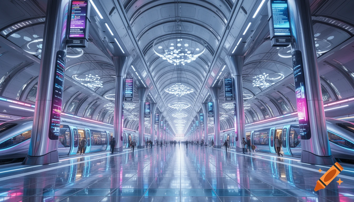 A long, futuristic train station with sleek, silver trains, reflective floors, and glowing pink and blue digital displays.