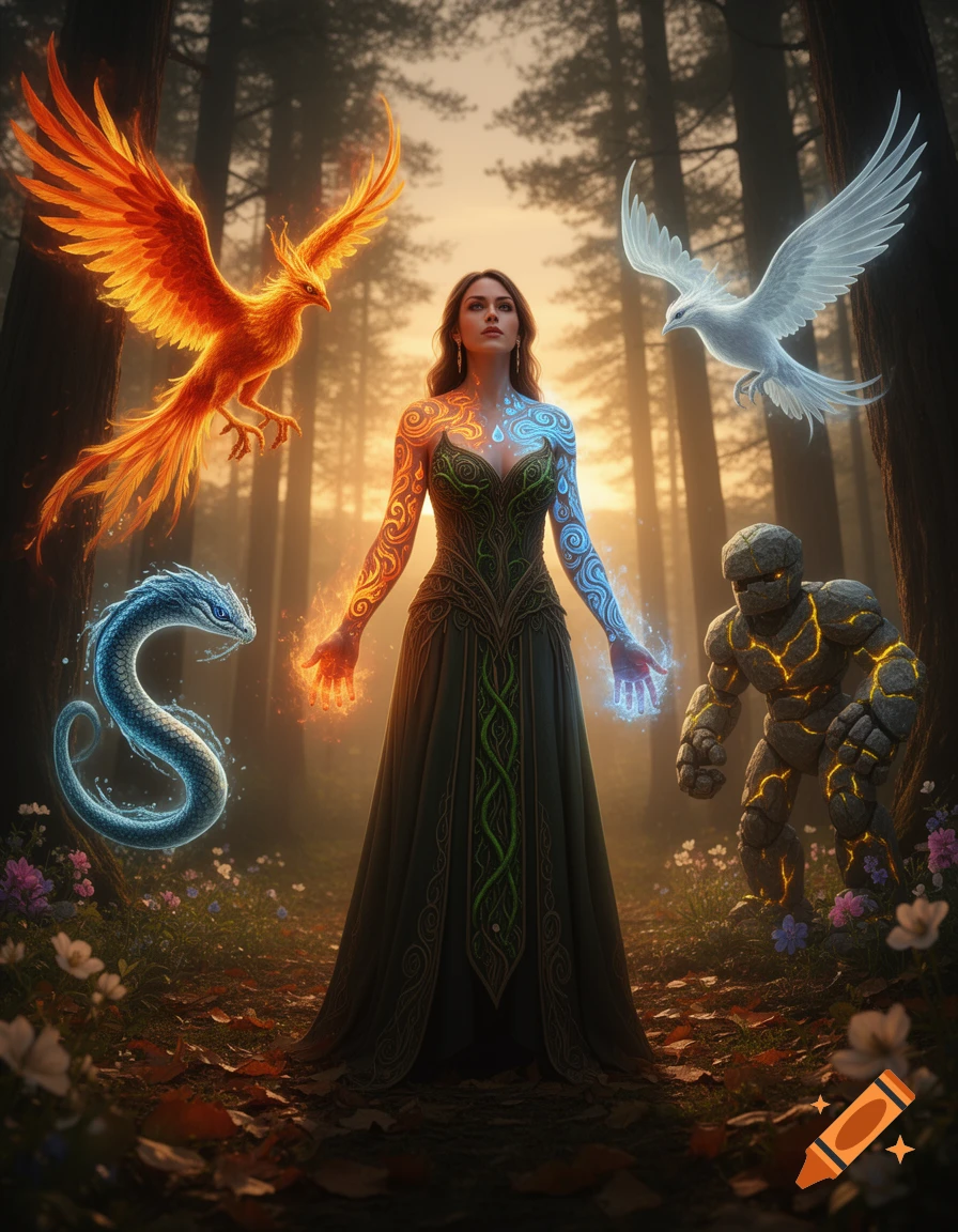 A fantasy sorceress in a mystical forest, surrounded by a fiery phoenix, a white dove, a water snake, and a stone golem. She has elemental tattoos and glowing hands.
