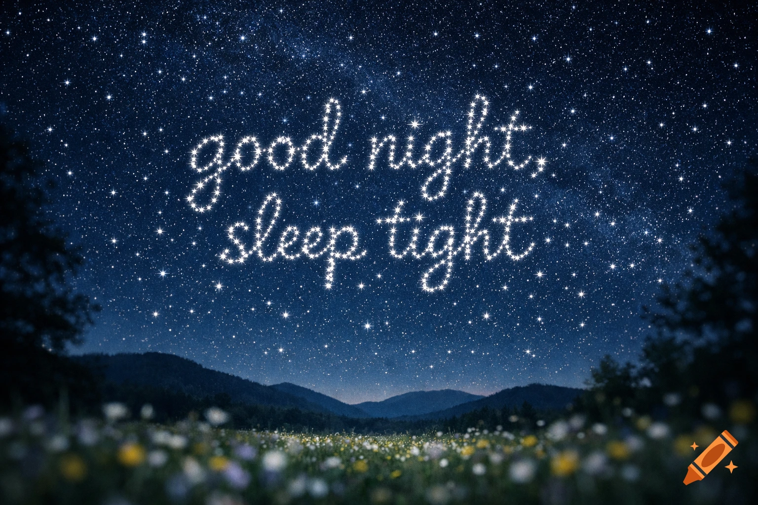 Stars spell "good night, sleep tight" over a night landscape with mountains and a blurred wildflower field.