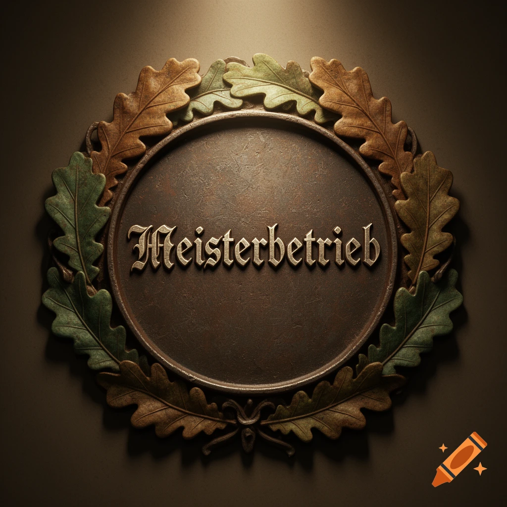 A round, bronze-like medieval seal framed by oak leaves, featuring the word 'Meisterbetrieb' in an Old German script.