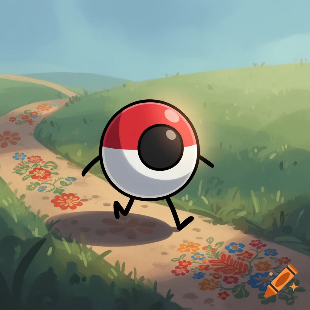 A cartoon Polandball character with stick limbs walks on a flower-decorated path through green hills under a blue sky.