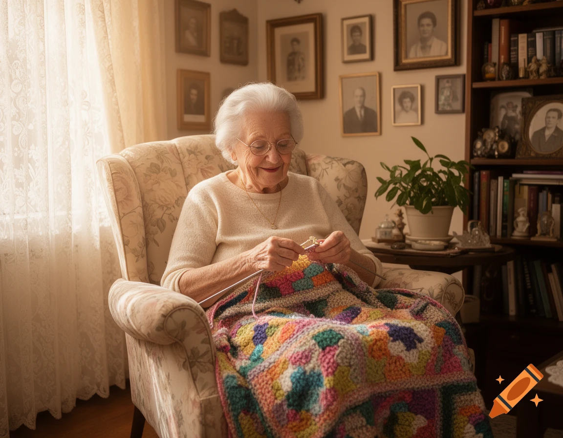 A smiling elderly woman with white hair and glasses knits a colorful granny square blanket in a cozy armchair in a sunlit living room.