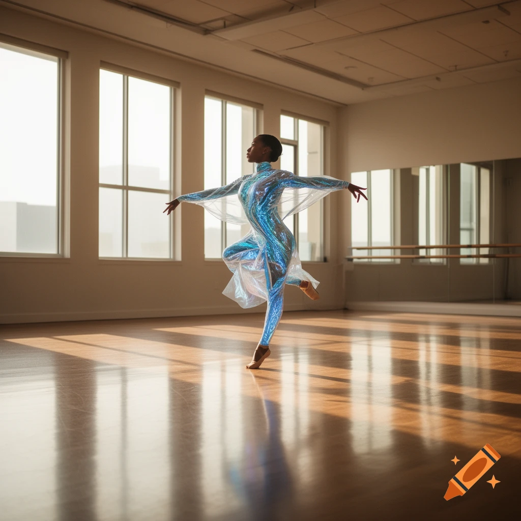 A dancer in a futuristic iridescent blue and silver costume performs a pose in a sunlit studio.