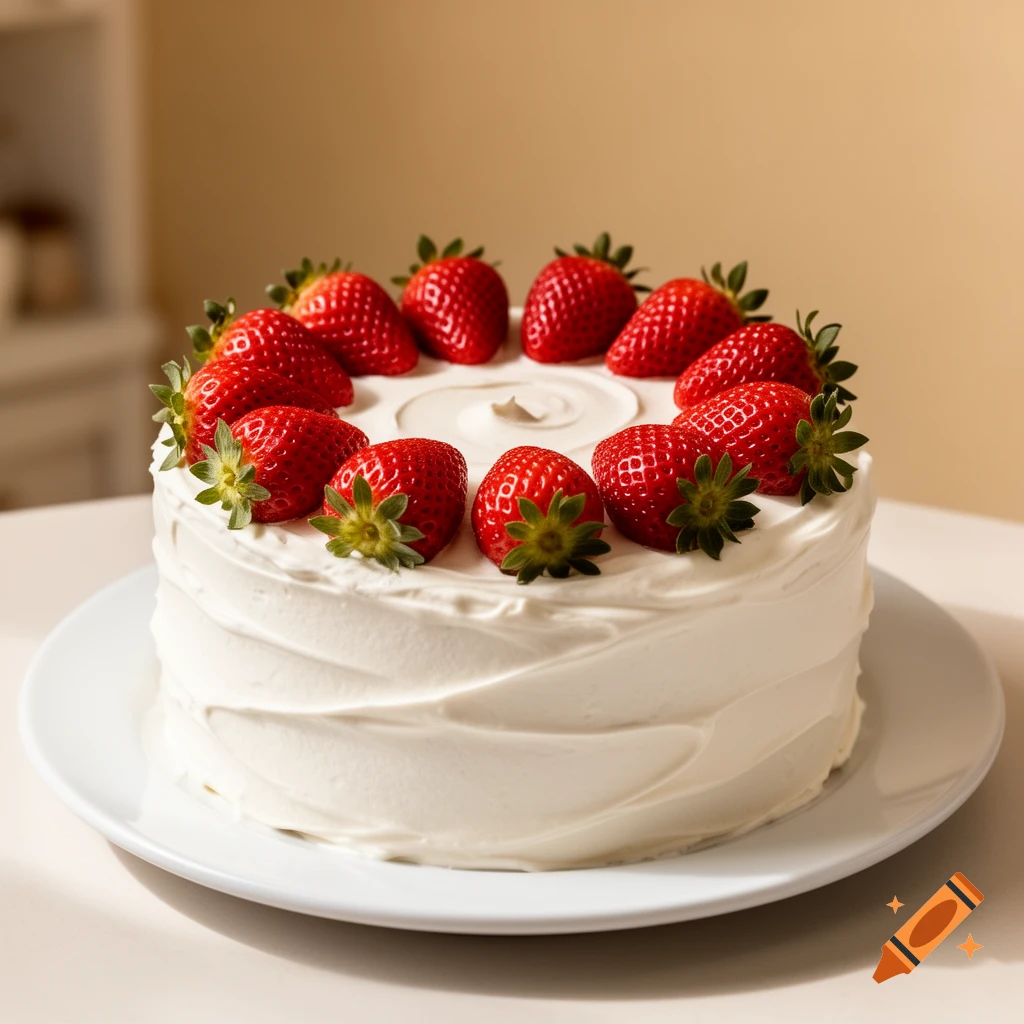 A round white frosted cake topped with a circle of fresh red strawberries on a white plate.