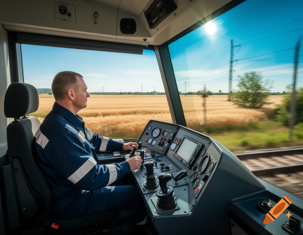 A male train driver in a blue uniform operates a modern train from its cockpit, looking out at a sunny field passing by.