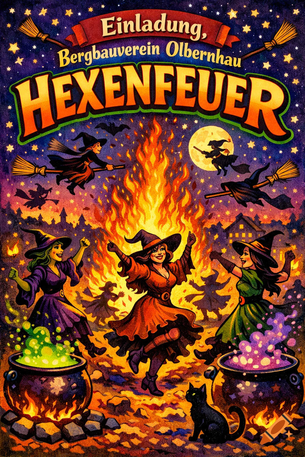 Vibrant comic illustration of witches dancing around a large bonfire and bubbling cauldrons at night, with text "Einladung, Hexenfeuer".