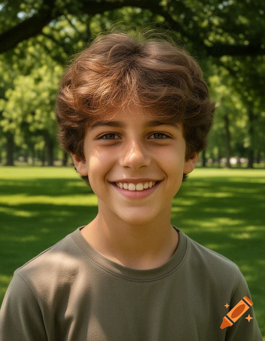 A close-up portrait of a smiling young boy with brown, fluffy hair, wearing an olive green t-shirt, in a sunlit park.