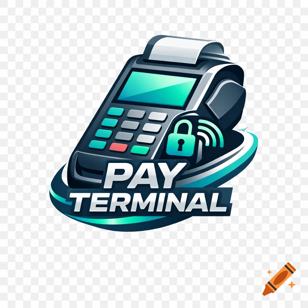 A stylized logo features a dark payment terminal with a teal screen and lock icon, above the text 'PAY TERMINAL' on a swirling graphic.