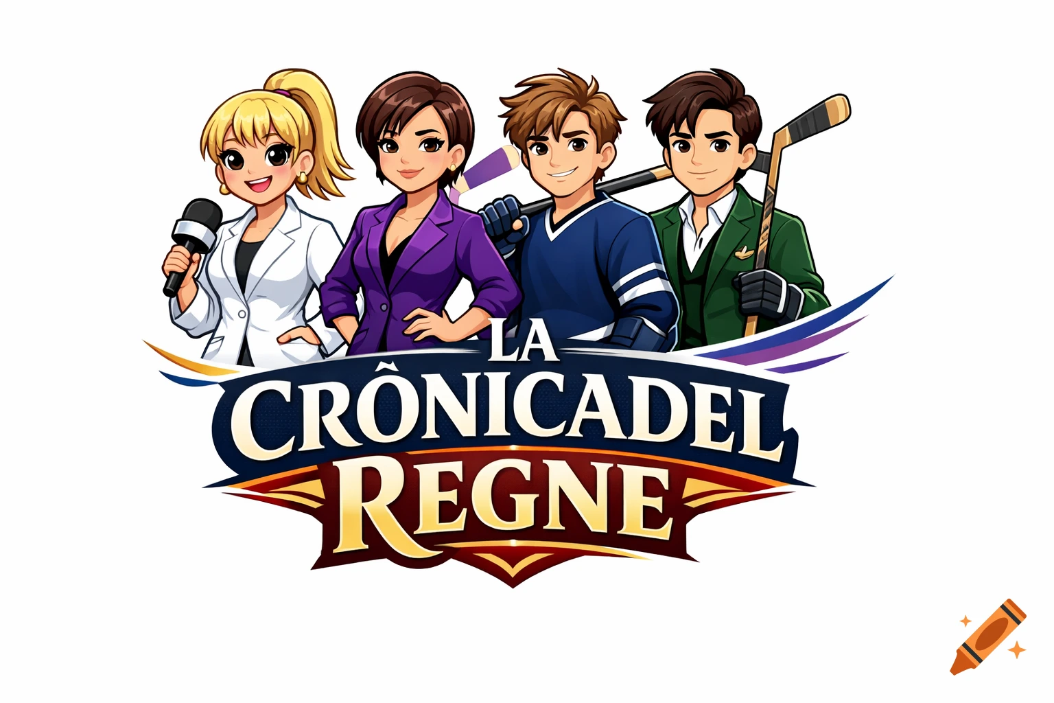 Cartoon logo featuring a blonde female reporter, a brunette female anchor, and two male hockey players, with 'LA CRÒNICADEL REGNE' text.