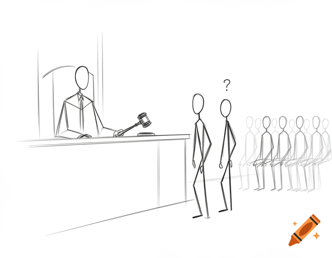 Simple line drawing of a courtroom with a judge, two stick figures (one with a question mark), and a jury.