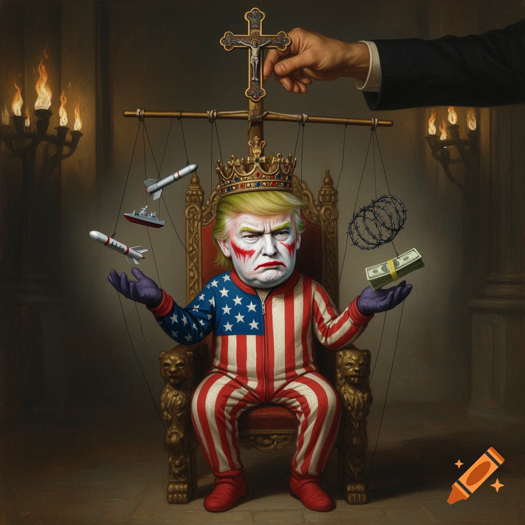 Flemish painting of a Joker-faced Donald Trump caricature puppet on a throne, juggling weapons and money, controlled by a hand.
