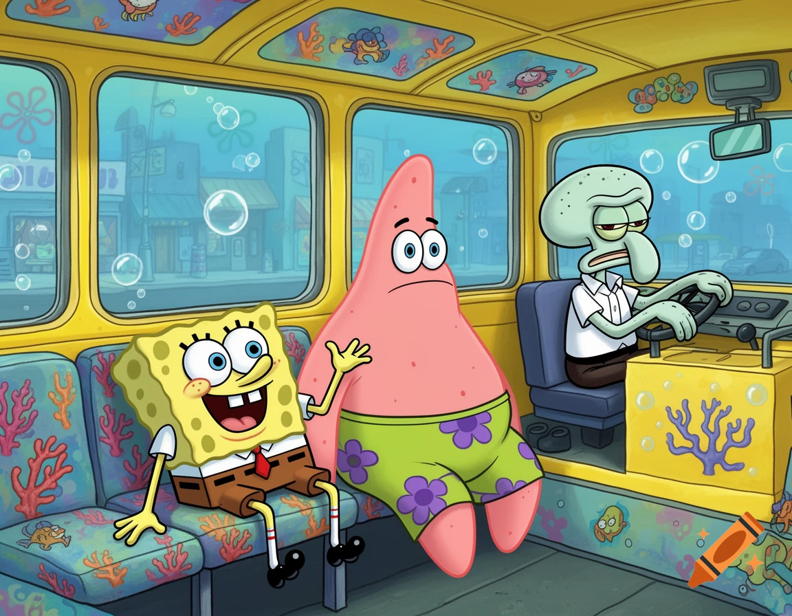 Spongebob and Patrick are passengers in a yellow underwater bus driven by a grumpy Squidward in a cartoon style.